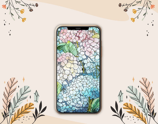 Hydrangea digital wallpaper with watercolor floral design; botanical phone background in vibrant hues for instant download