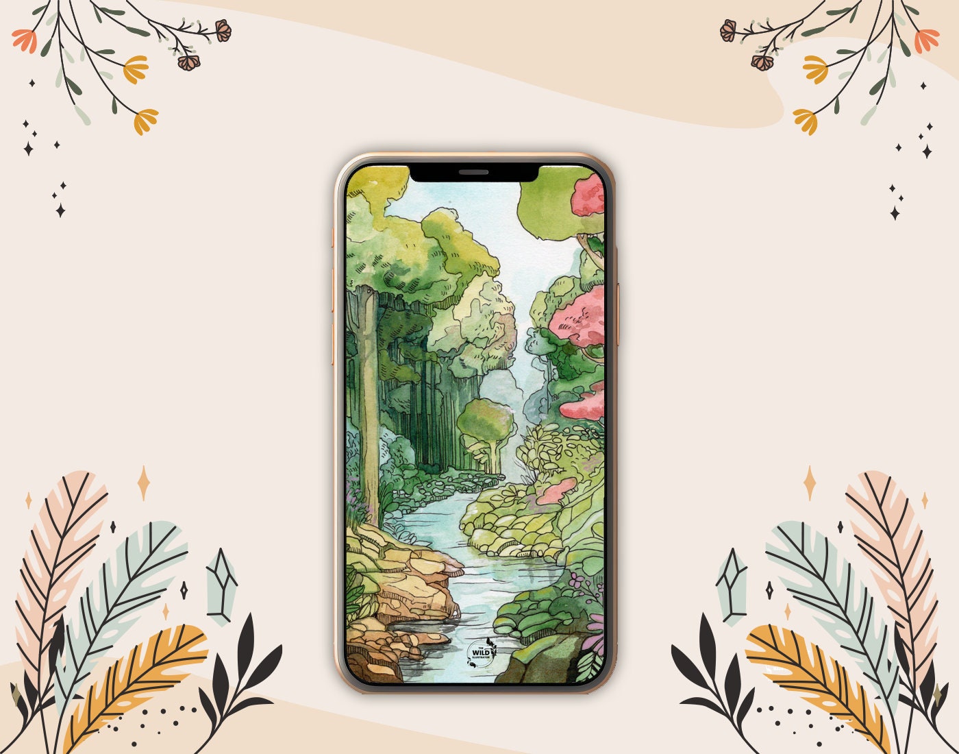 "Enchanted Forest" watercolor nature wallpaper, digital forest art background by The Wild Illustrator, for instant phone download