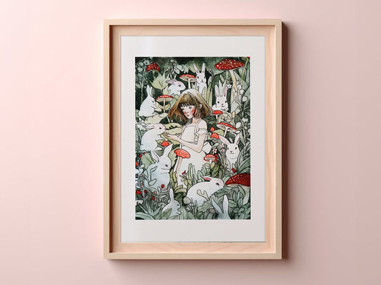 The Rabbits' Guardian art print – watercolor illustration of a young girl surrounded by rabbits in a whimsical forest, symbolizing animal friendship and mystical woodland beauty.