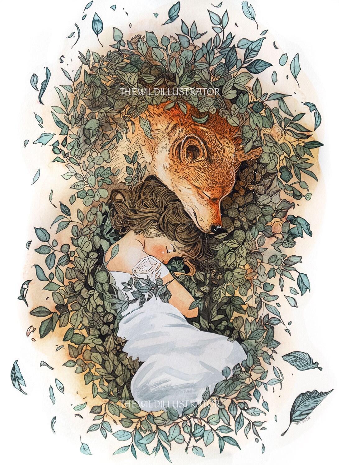 Art print of a girl and her Shiba Inu, surrounded by nature, symbolizing emotional healing.