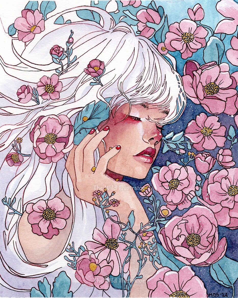 Spring Muse art print featuring an ethereal woman with white hair and floral blooms, symbolizing spring and renewal, with optional hand-applied gold embellishments.