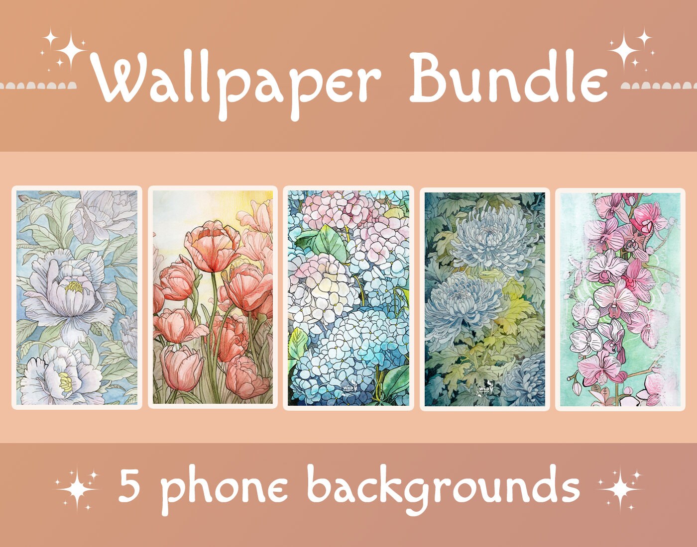 Set of five floral phone wallpapers, featuring peonies, tulips, orchids, chrysanthemums, and hydrangeas; digital download for smartphone backgrounds