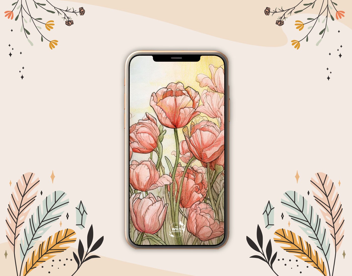 Set of five floral phone wallpapers, featuring peonies, tulips, orchids, chrysanthemums, and hydrangeas; digital download for smartphone backgrounds