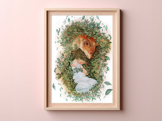 Art print of a girl and her Shiba Inu, surrounded by nature, symbolizing emotional healing.