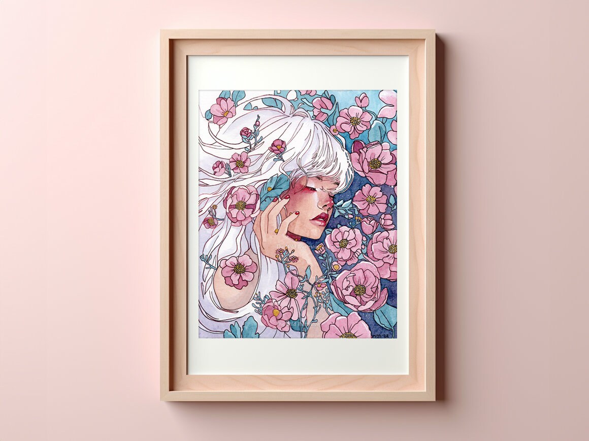 Spring Muse art print featuring an ethereal woman with white hair and floral blooms, symbolizing spring and renewal, with optional hand-applied gold embellishments.