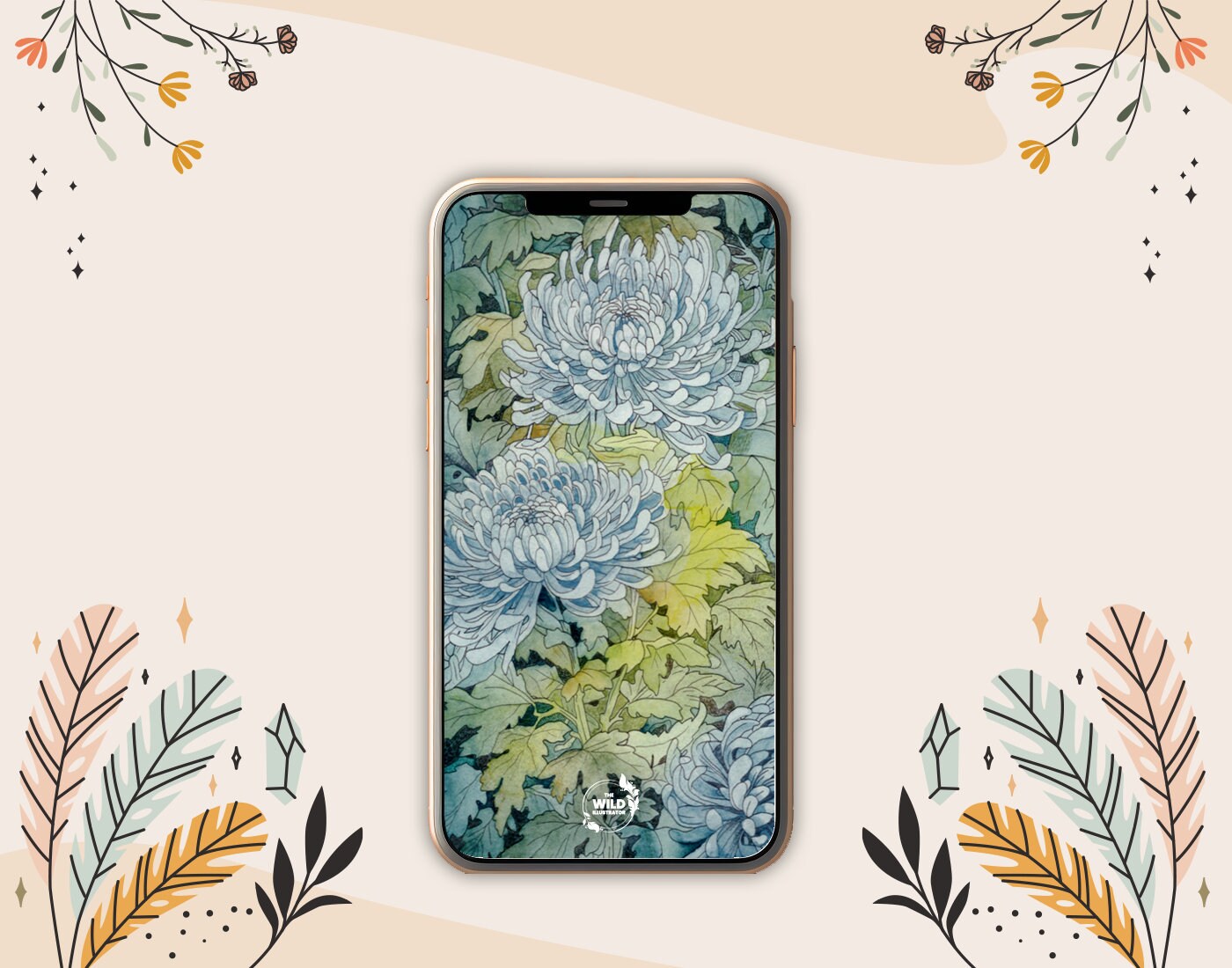 Set of five floral phone wallpapers, featuring peonies, tulips, orchids, chrysanthemums, and hydrangeas; digital download for smartphone backgrounds