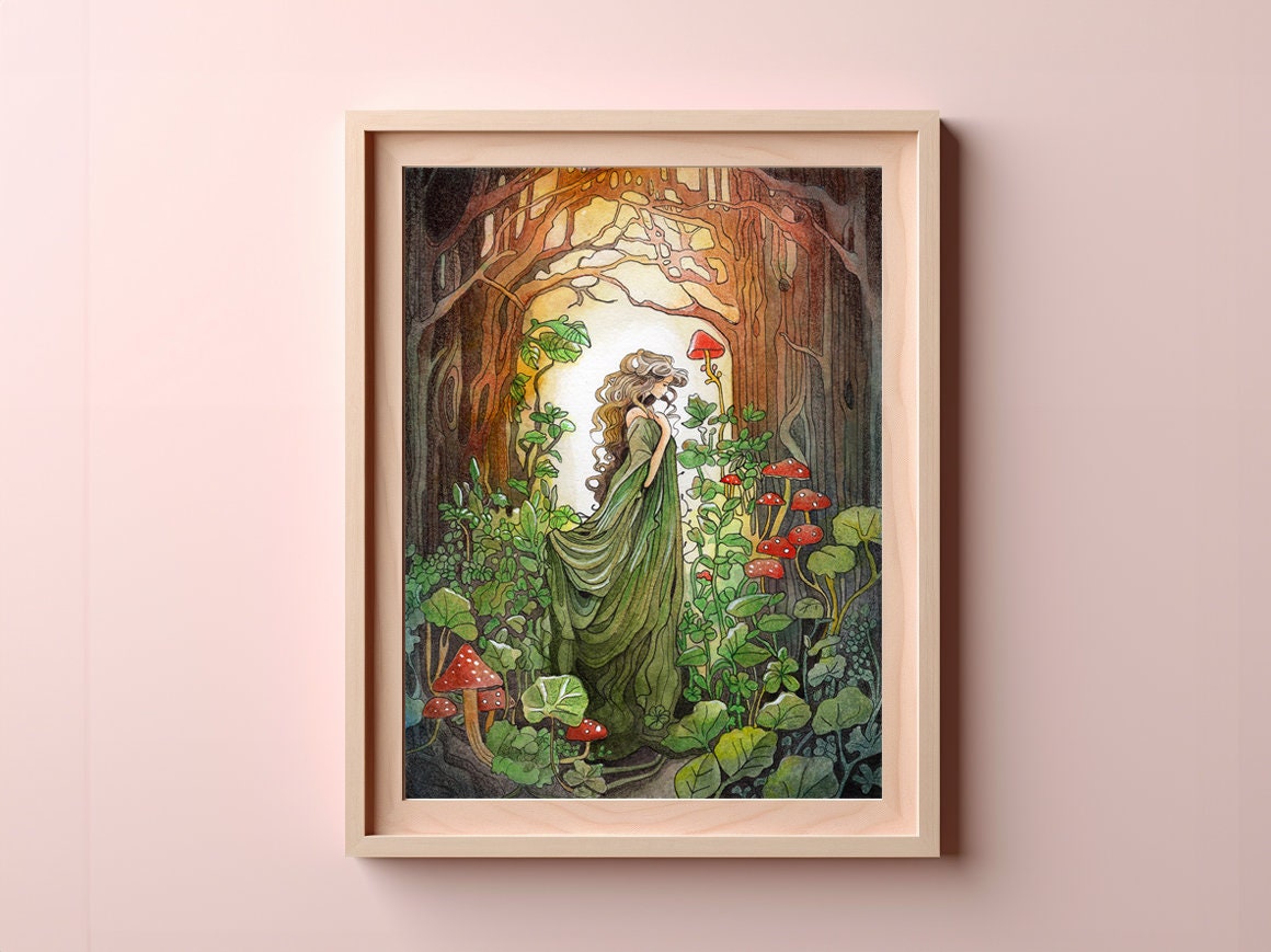 Spirit of the Forest Art Print - Mystical woman in enchanted forest with trees, mushrooms, and fairies, magical nature wall art.