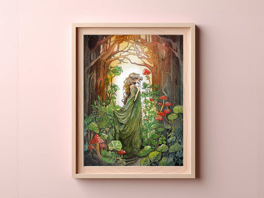 Spirit of the Forest Art Print - Mystical woman in enchanted forest with trees, mushrooms, and fairies, magical nature wall art.