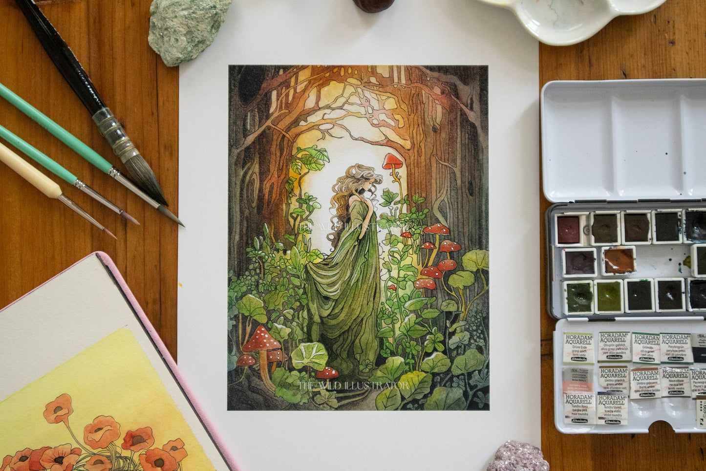 Spirit of the Forest Art Print - Mystical woman in enchanted forest with trees, mushrooms, and fairies, magical nature wall art.