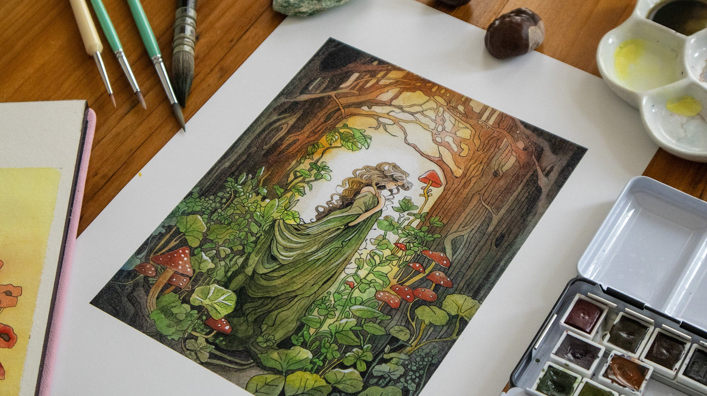 Spirit of the Forest Art Print - Mystical woman in enchanted forest with trees, mushrooms, and fairies, magical nature wall art.