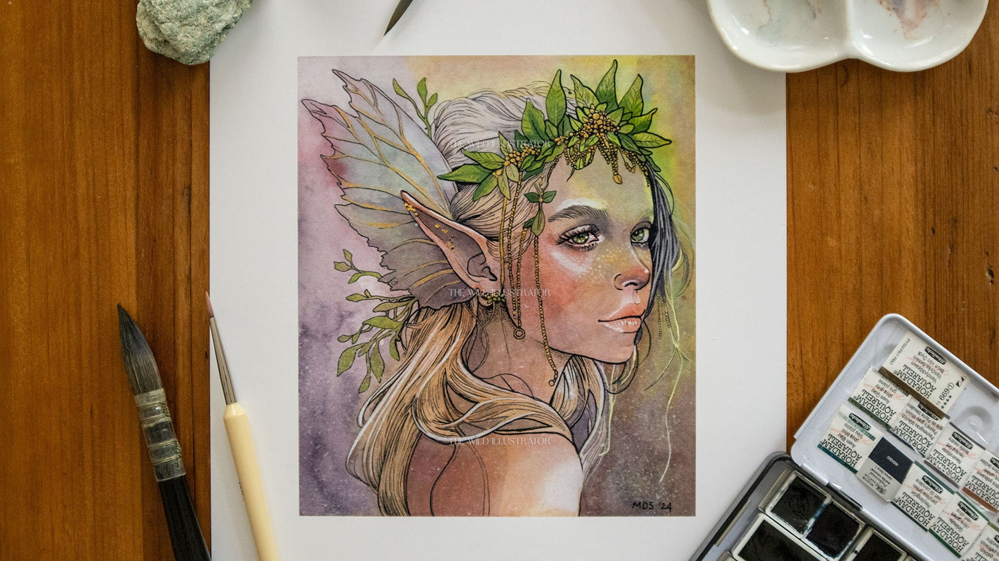 Fairy portrait art print of 'Silent-Enchantment' with mystical floral accents and optional gold embellishment, depicting a serene, magical fairy face, perfect for fantasy and nature lovers.