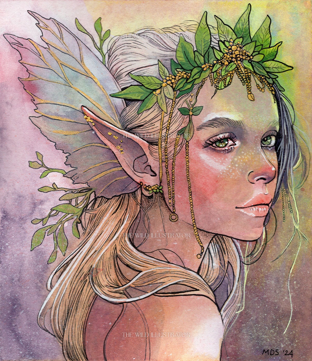 Fairy portrait art print of 'Silent-Enchantment' with mystical floral accents and optional gold embellishment, depicting a serene, magical fairy face, perfect for fantasy and nature lovers.