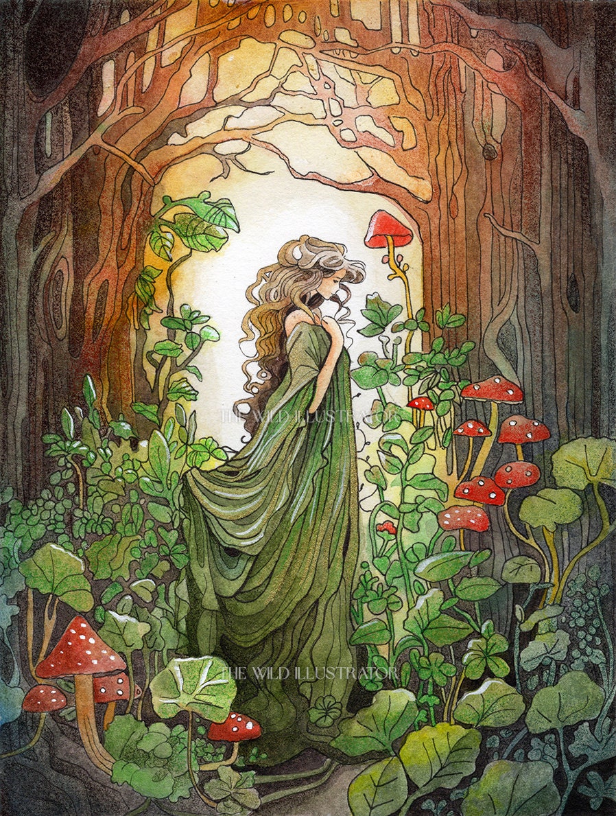 Spirit of the Forest Art Print - Mystical woman in enchanted forest with trees, mushrooms, and fairies, magical nature wall art.