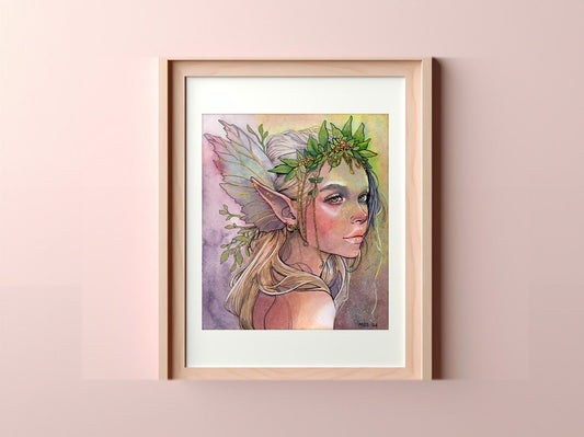 Fairy portrait art print of 'Silent-Enchantment' with mystical floral accents and optional gold embellishment, depicting a serene, magical fairy face, perfect for fantasy and nature lovers.