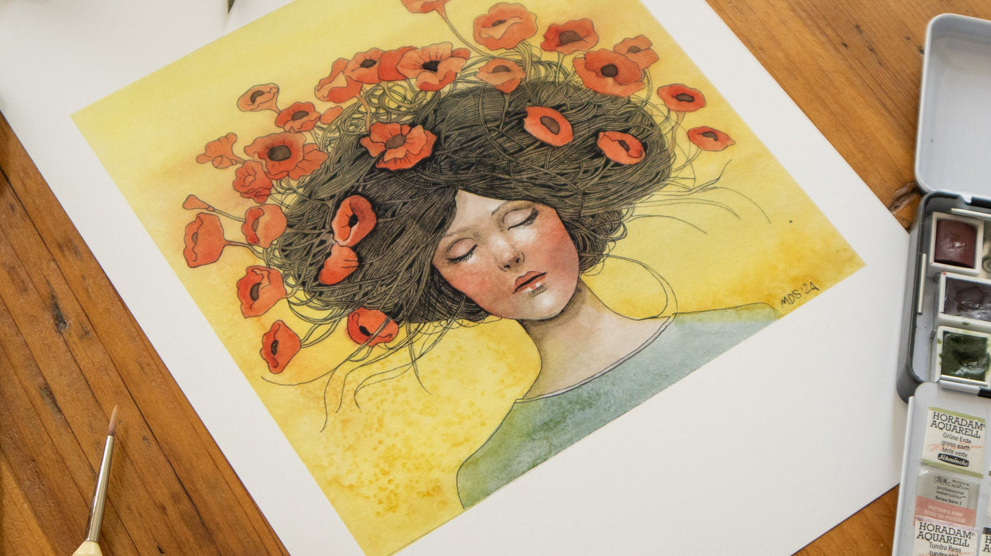 Close-up of vibrant red and yellow poppies in the Garden of Dreams print.