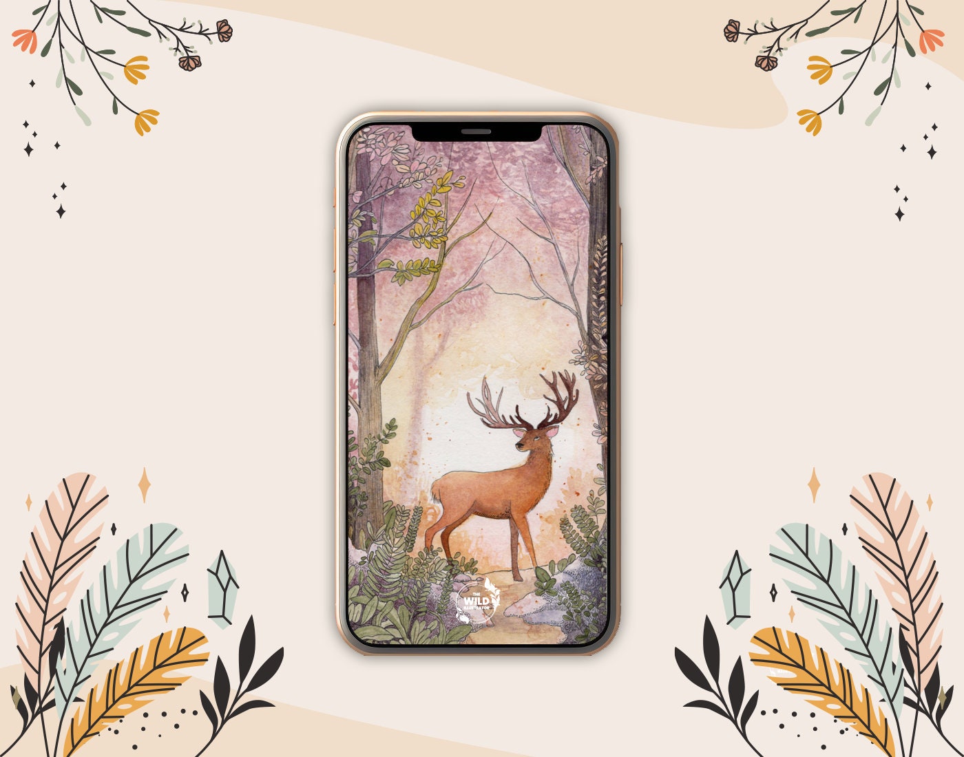 "Deer in Twilight" phone wallpaper, digital forest background with a deer at dusk, mystical nature art for phone screens