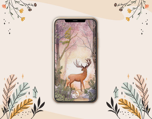 "Deer in Twilight" phone wallpaper, digital forest background with a deer at dusk, mystical nature art for phone screens