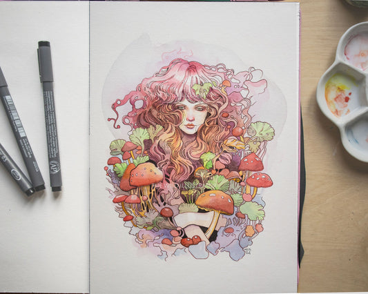 Original ink and watercolor painting of a girl surrounded by mushrooms, symbolizing the mystical connection to nature.