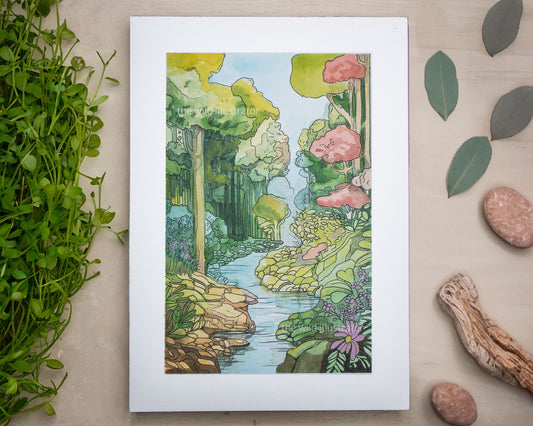 Original ink and watercolor painting of an enchanted forest with ethereal light, nature-inspired whimsical art on 100% cotton paper.