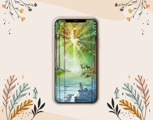 Silent Watchers phone wallpaper featuring an enchanted forest scene with two deer silhouettes, magical atmosphere, and lush nature background.