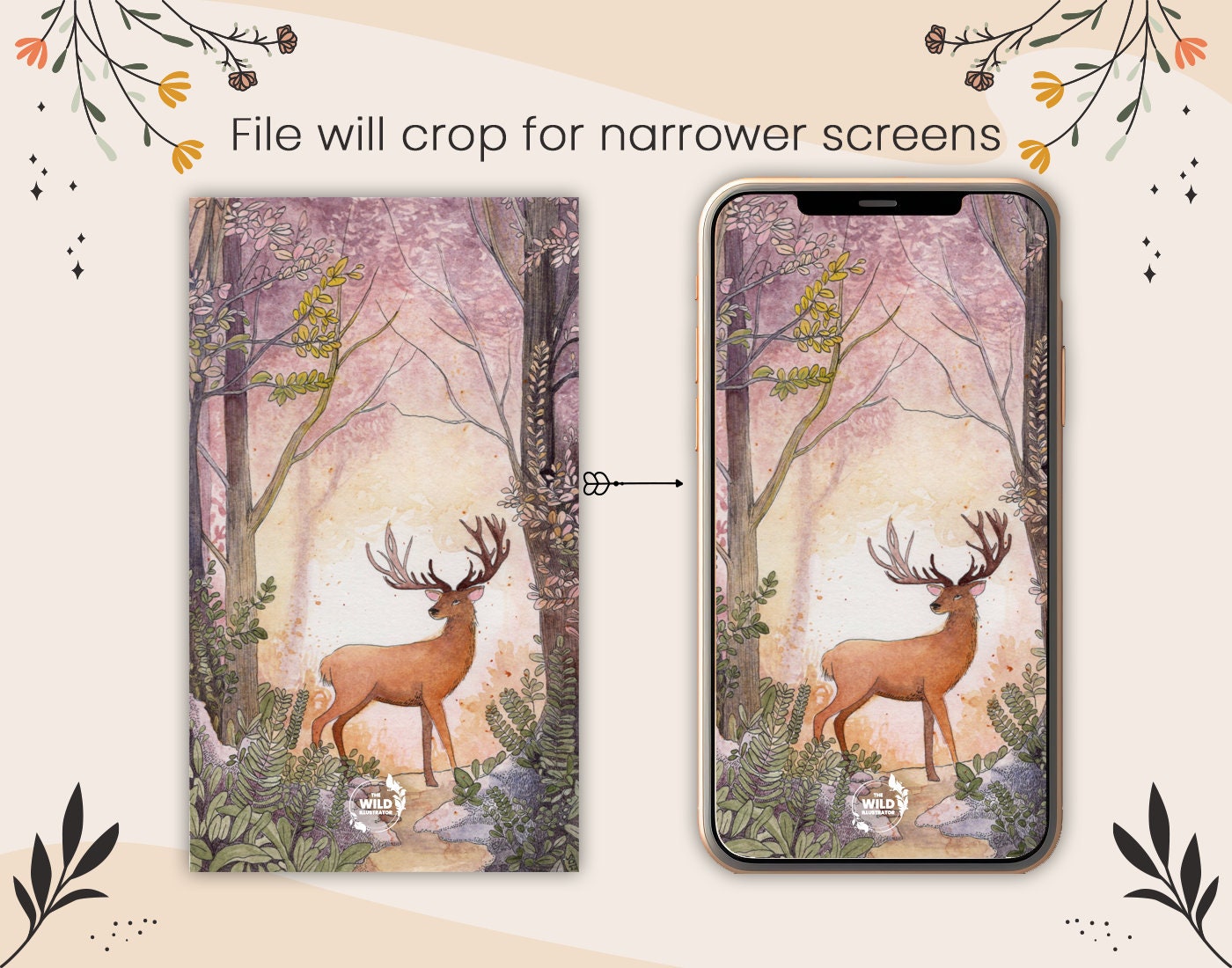 "Deer in Twilight" phone wallpaper, digital forest background with a deer at dusk, mystical nature art for phone screens