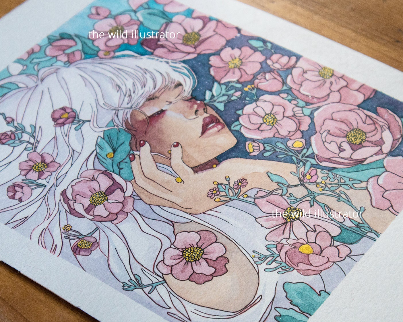 Original acrylic ink painting of a woman with white hair surrounded by blooming flowers, symbolizing purity and the essence of spring.