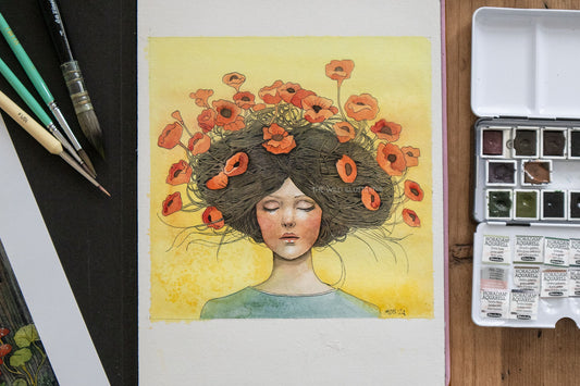 Original ink and watercolor painting of a woman with poppies, nature-inspired art on cotton paper.