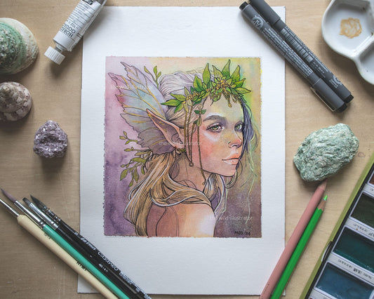 Original ink and watercolor painting of a serene fairy in a mystical setting on cotton paper.