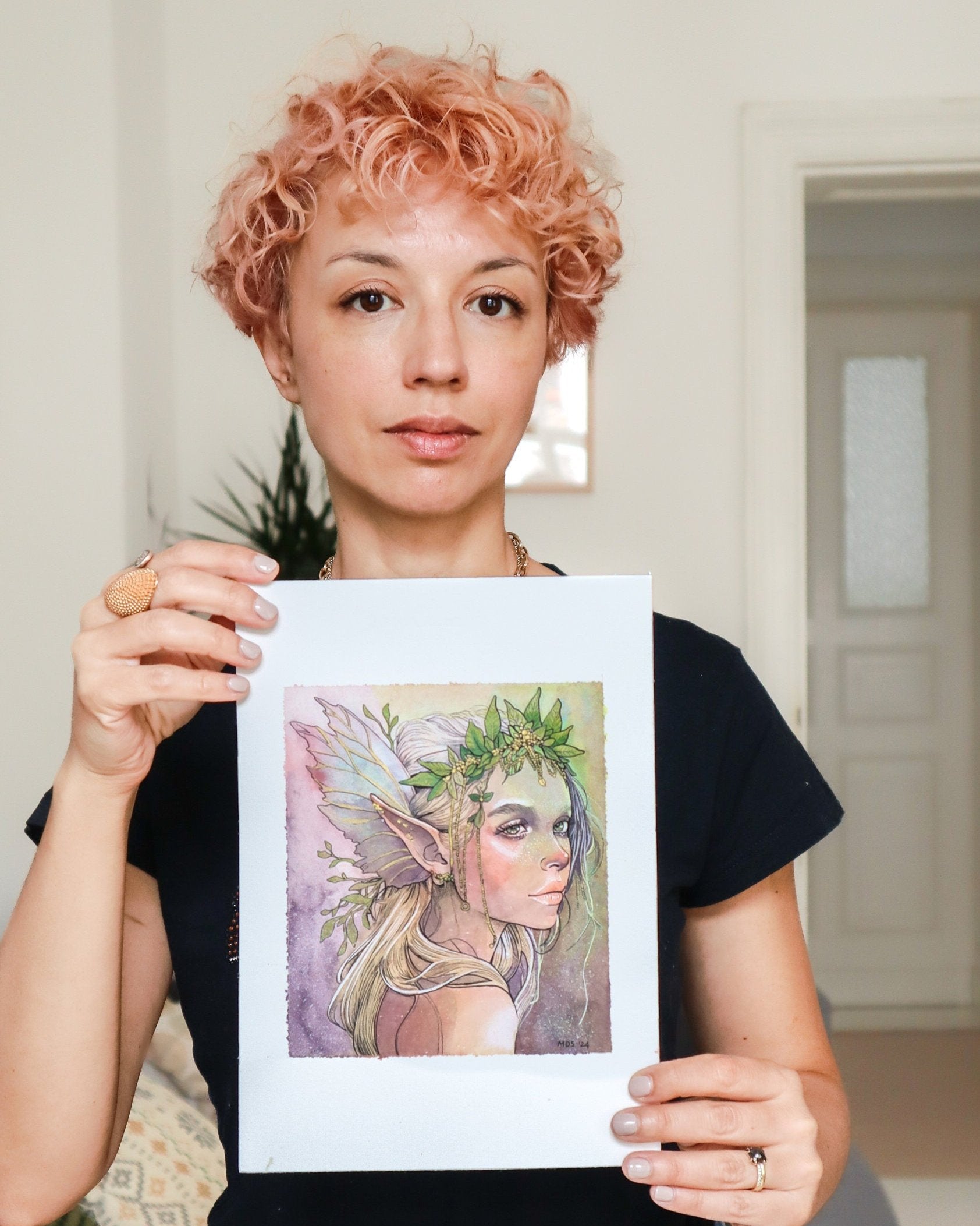 Original ink and watercolor painting of a serene fairy in a mystical setting on cotton paper.