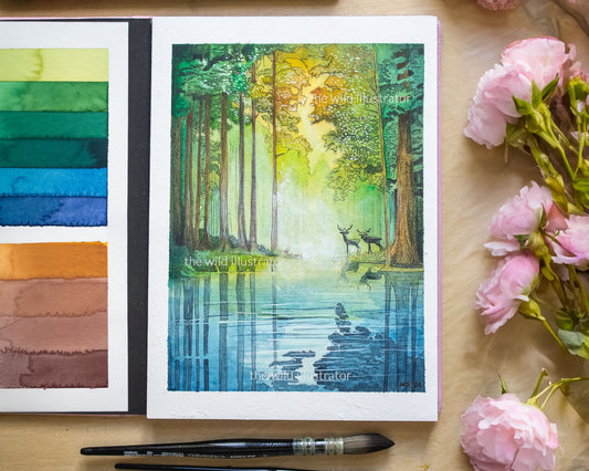 Original ink and watercolor painting of two deer reflected in a forest pond, creating a mystical nature scene.