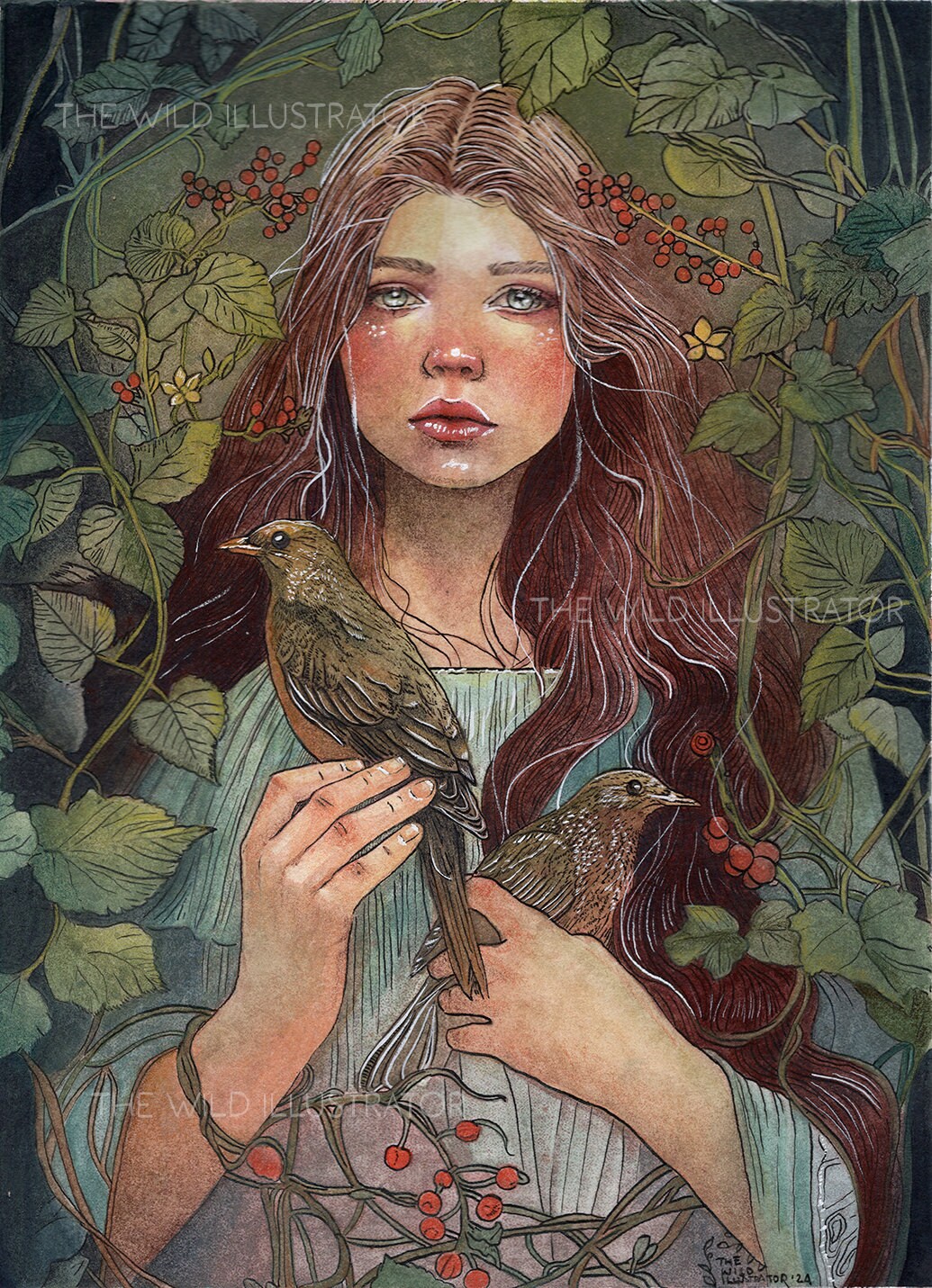 A mystical ink and watercolor painting titled "The Nest," depicting a serene woman with birds resting on her hands, surrounded by lush forest greenery. The scene captures a whimsical and nature-inspired ambiance, ideal for enchanted forest and nature-themed decor.