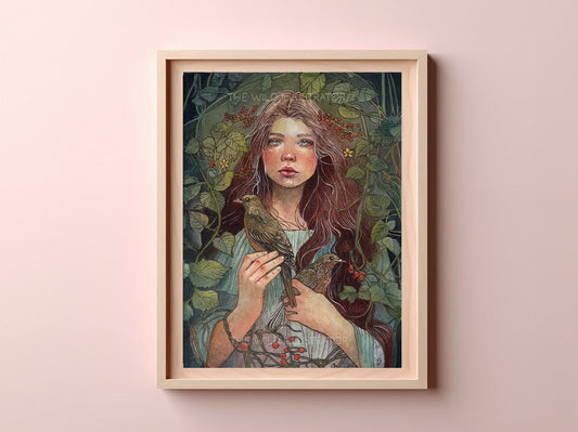 The Nest art print – mystical illustration of a woman surrounded by birds and lush forest foliage, symbolizing nature’s resilience and beauty, perfect for nature-inspired home decor.