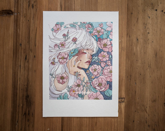 Original acrylic ink painting of a woman with white hair surrounded by blooming flowers, symbolizing purity and the essence of spring.