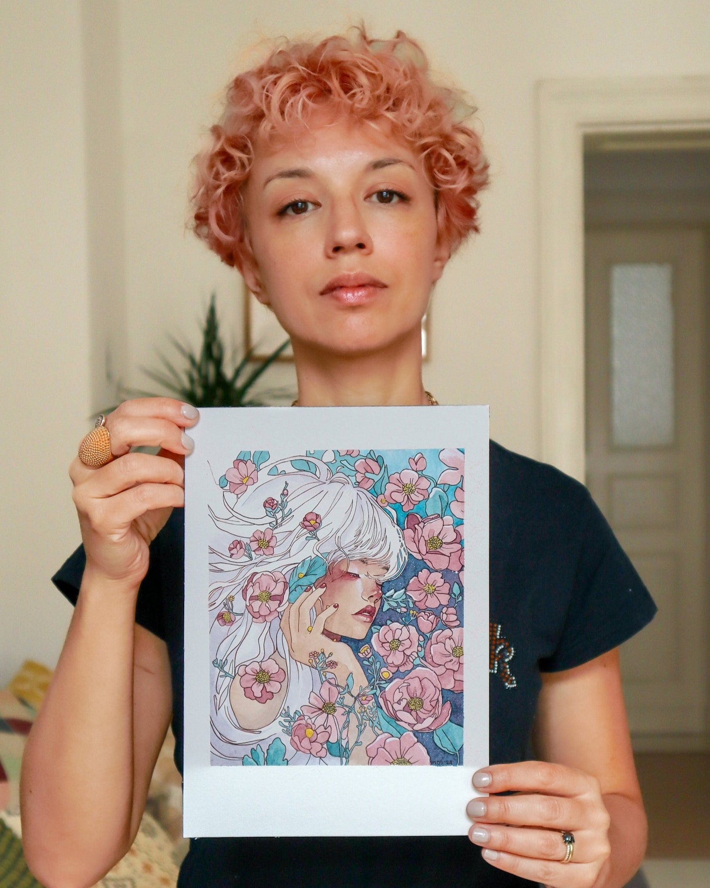 Original acrylic ink painting of a woman with white hair surrounded by blooming flowers, symbolizing purity and the essence of spring.