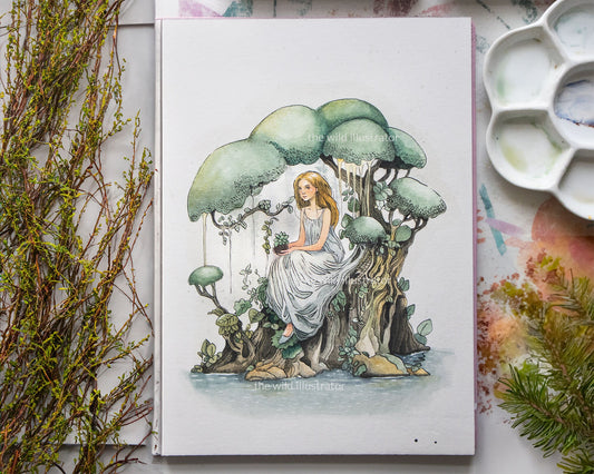 Original ink and watercolor painting of a woman sitting by a water mirror in an enchanted forest, with sprouts growing from her hands, capturing nature’s magic.