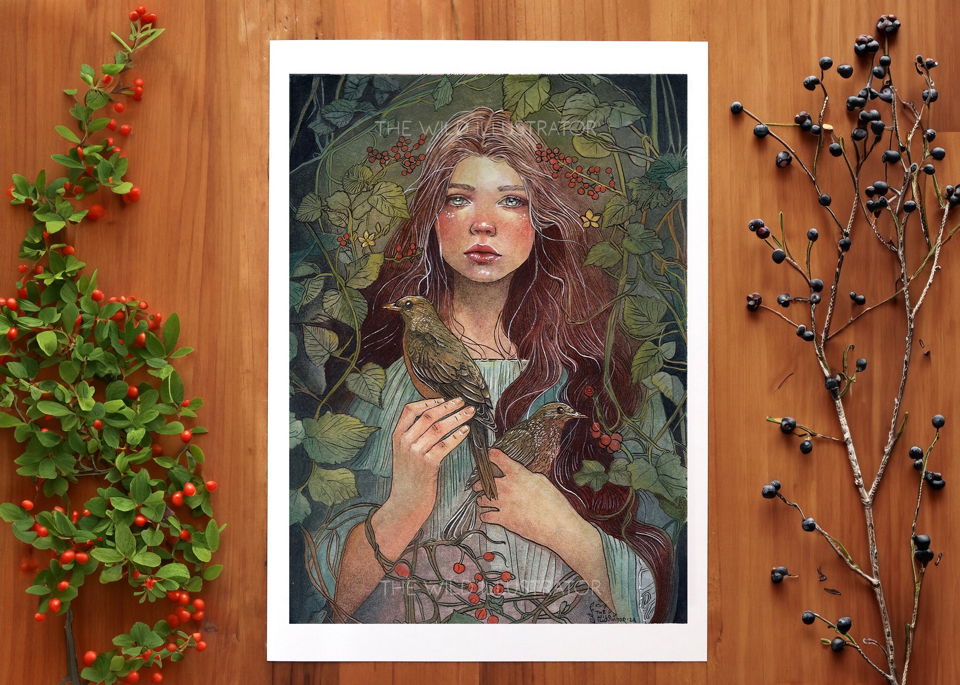 The Nest art print – mystical illustration of a woman surrounded by birds and lush forest foliage, symbolizing nature’s resilience and beauty, perfect for nature-inspired home decor.