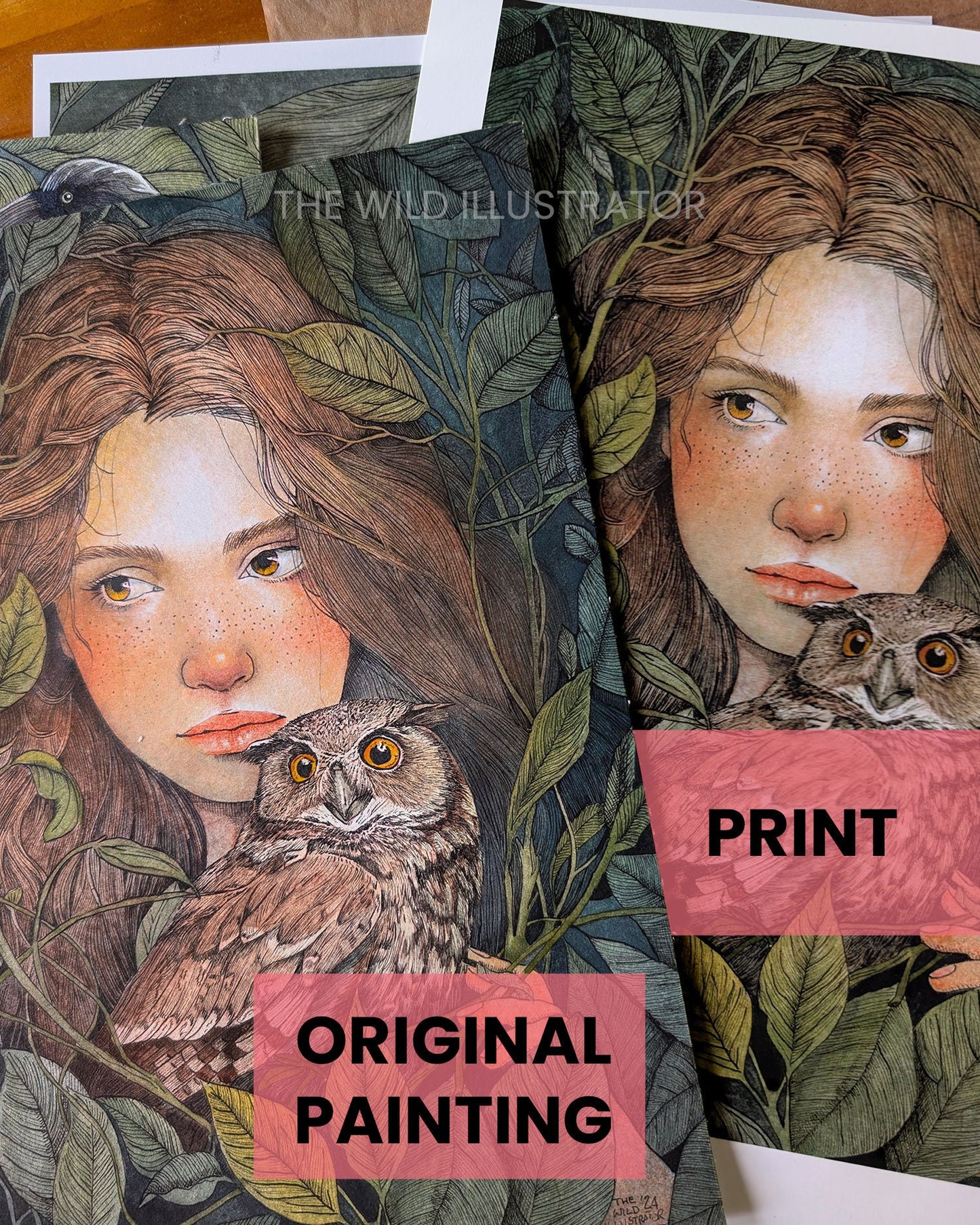 art print "The Nest II", featuring a woman with an owl surrounded by forest leaves.