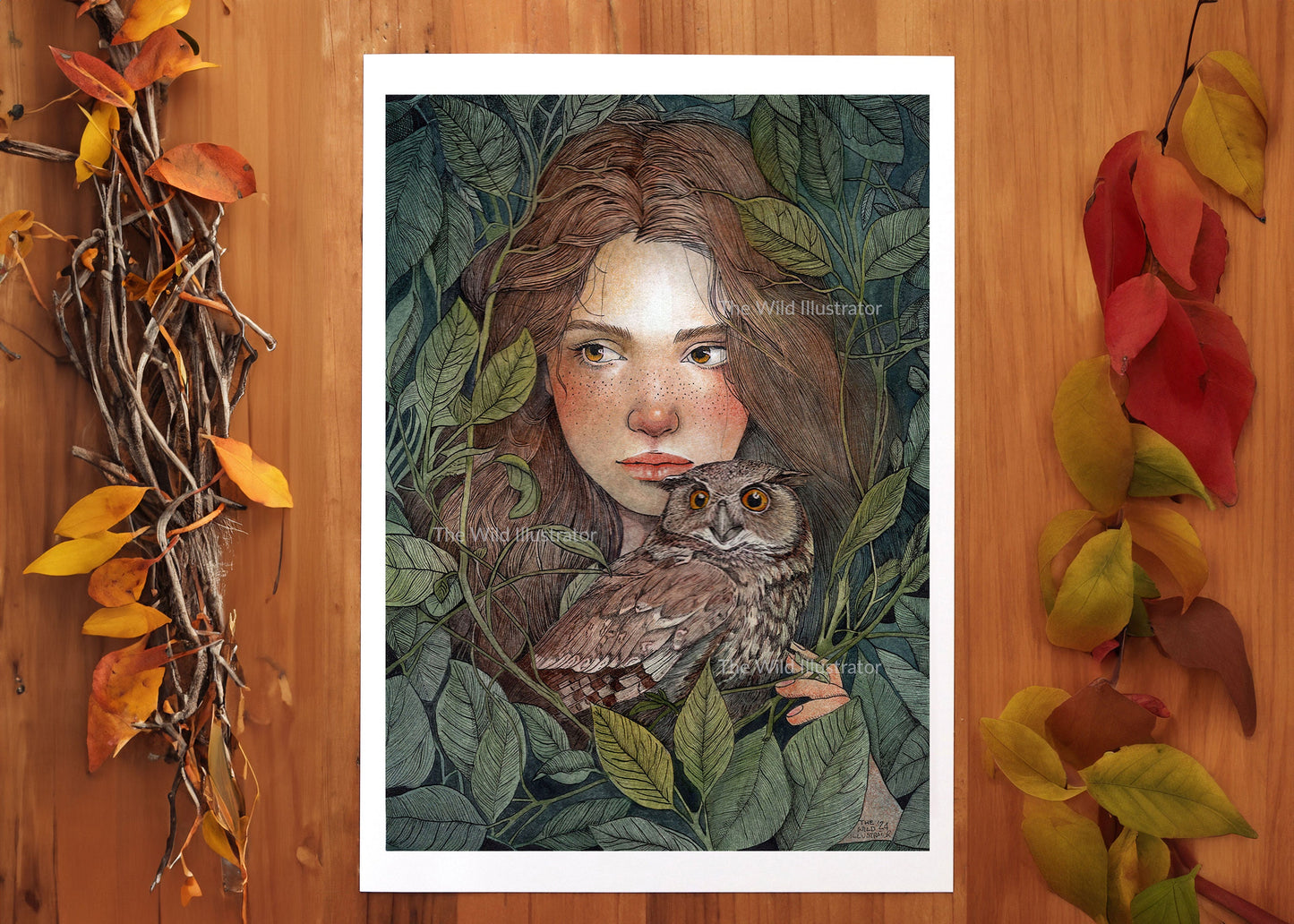 The Nest Art Print – mystical nature art with woman and owl, nature illustration