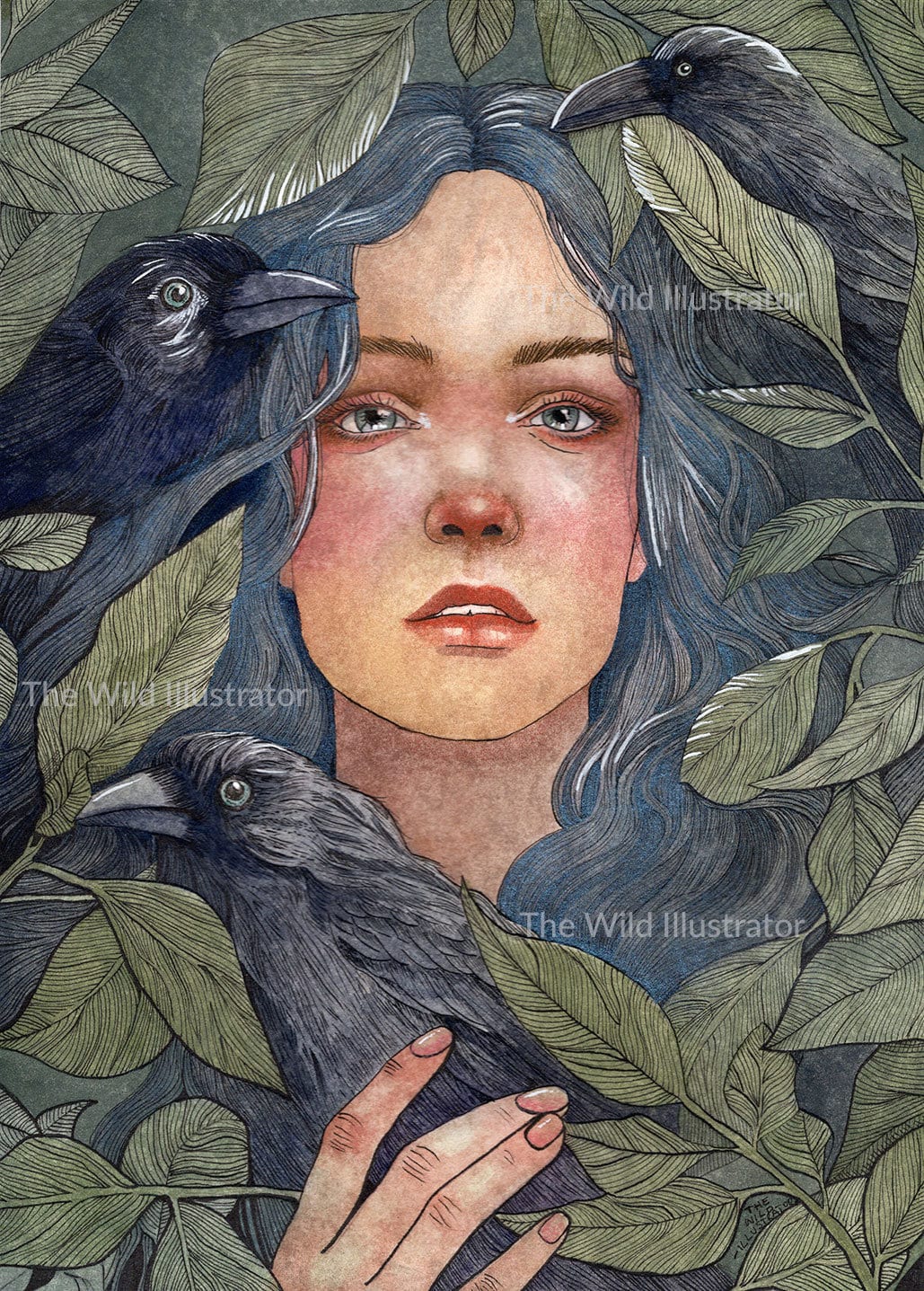 Original watercolor and ink painting of a woman with three ravens in an enchanted forest, surrounded by lush greenery, symbolizing strength and connection to nature.