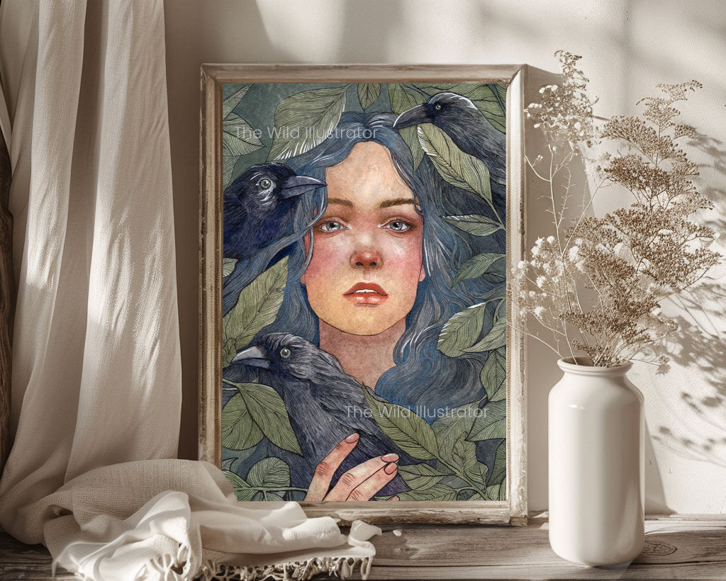 Original watercolor and ink painting of a woman with three ravens in an enchanted forest, surrounded by lush greenery, symbolizing strength and connection to nature.