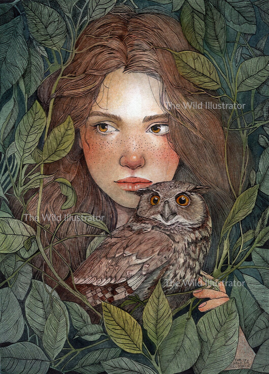 Original watercolor painting of a woman with an owl in an enchanted forest, symbolizing wisdom and nature's beauty.