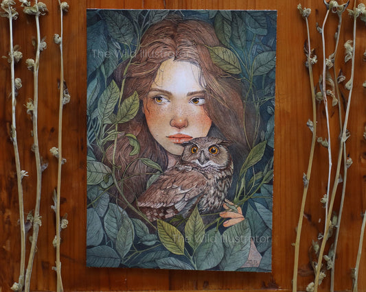 The Nest II: Woman holding an owl, representing wisdom.