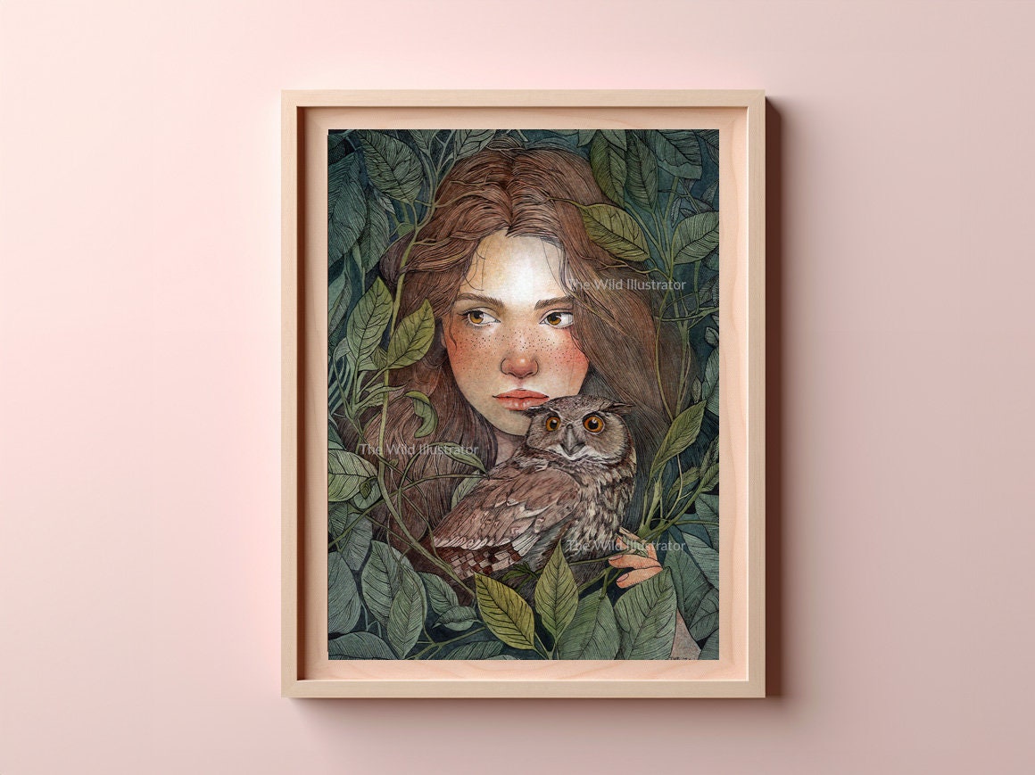 art print "The Nest II", featuring a woman with an owl surrounded by forest leaves.