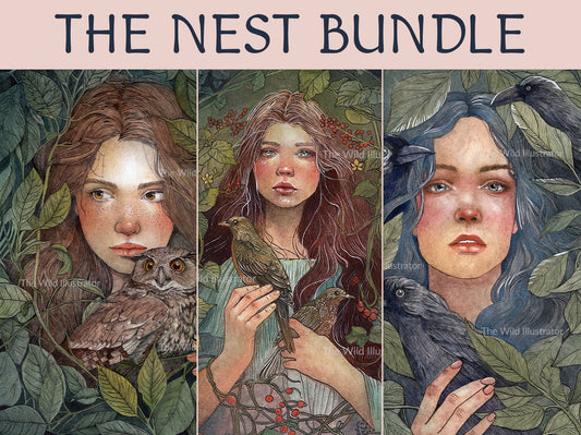 The Nest Art Print Bundle– mystical nature art with woman and birdsl, nature illustration