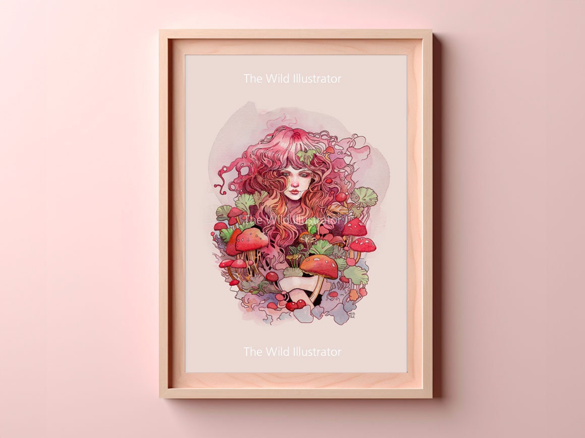 The Mushroom Queen Art Print – whimsical illustration of a mystical nymph surrounded by pink and green mushrooms in a fantasy forest, evoking the enchantment of nature and fantasy.