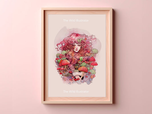 The Mushroom Queen Art Print – whimsical illustration of a mystical nymph surrounded by pink and green mushrooms in a fantasy forest, evoking the enchantment of nature and fantasy.