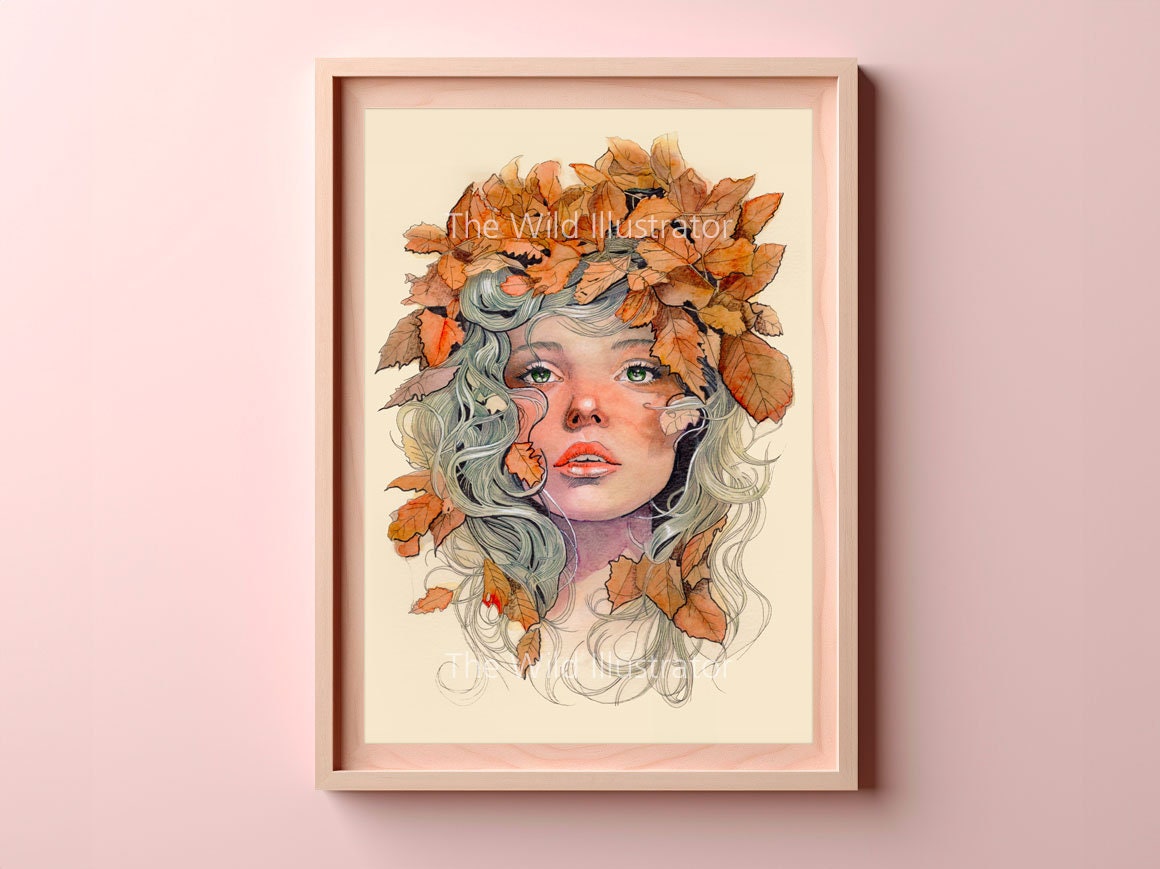 Autumn woman with swirling fall leaves, magical autumn art print, seasonal home decor, fall leaves illustration.