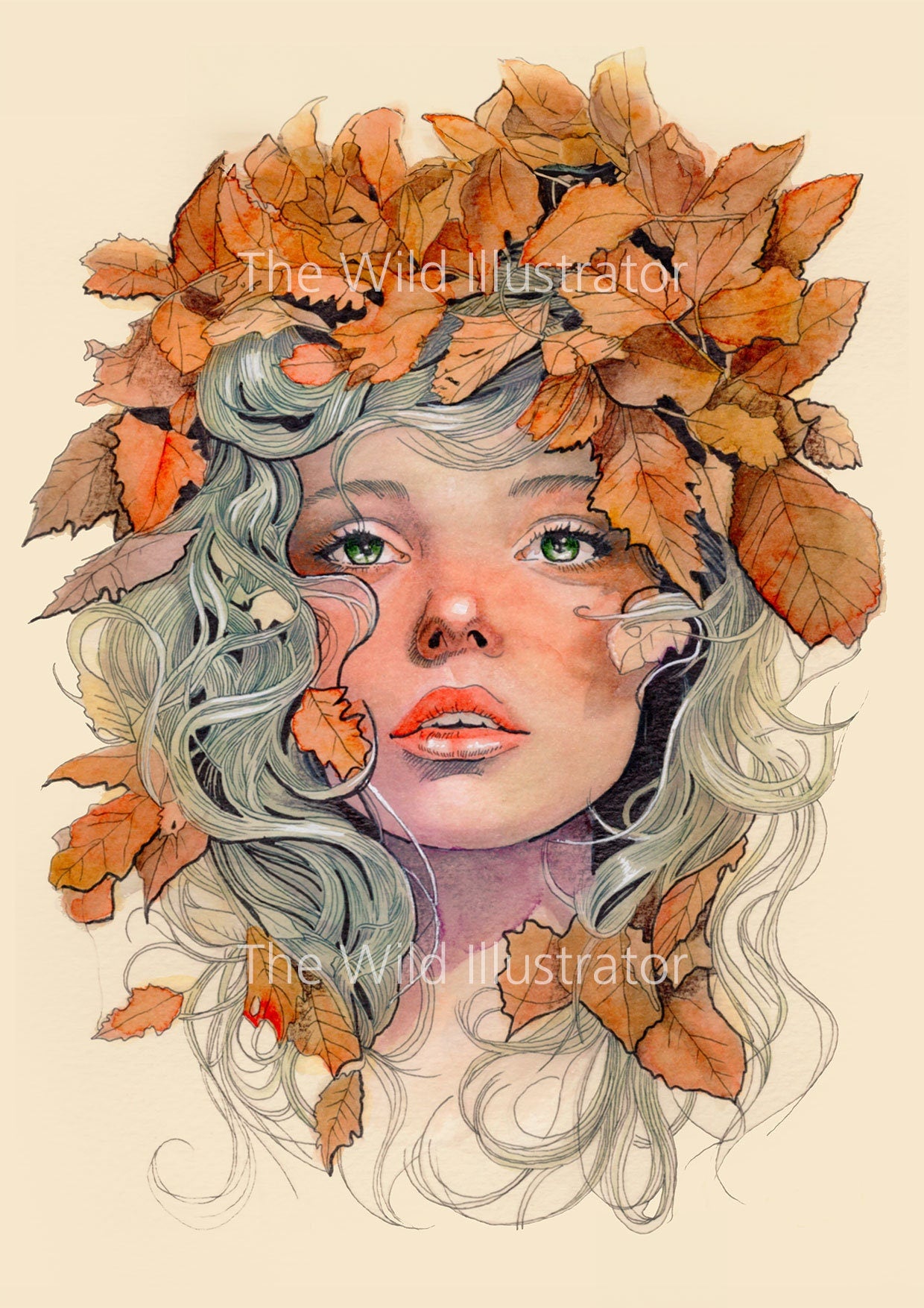 Autumn woman with swirling fall leaves, magical autumn art print, seasonal home decor, fall leaves illustration.