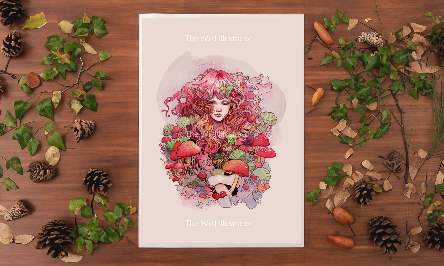 The Mushroom Queen Art Print – whimsical illustration of a mystical nymph surrounded by pink and green mushrooms in a fantasy forest, evoking the enchantment of nature and fantasy.