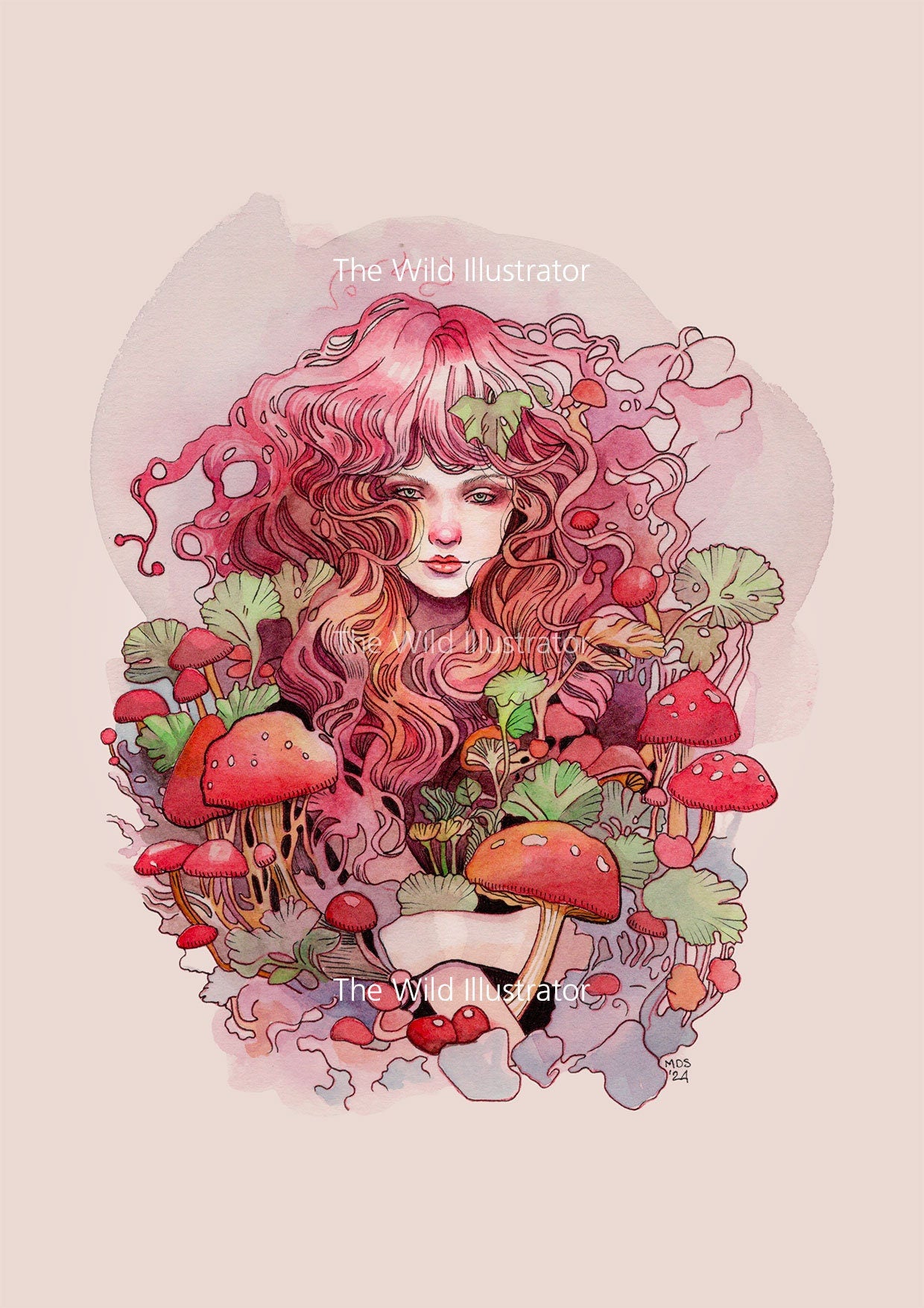 The Mushroom Queen Art Print – whimsical illustration of a mystical nymph surrounded by pink and green mushrooms in a fantasy forest, evoking the enchantment of nature and fantasy.